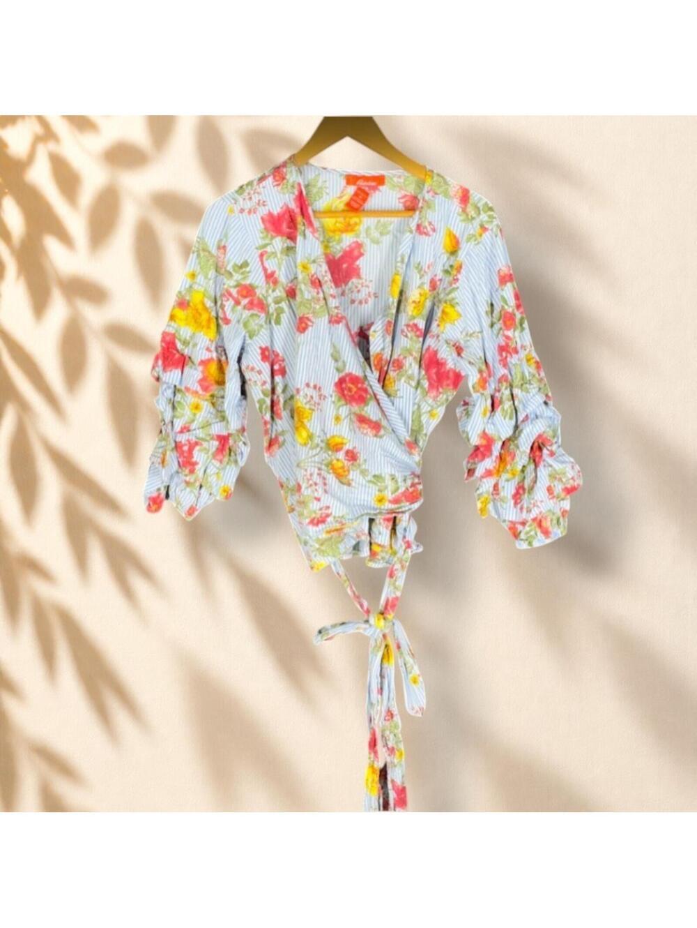 Rainbow Wrap Top Women 3X Plus Blue Floral 3/4 Sleeve V-Neck Belted Tasseled